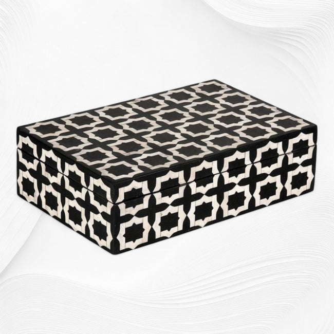 Boîte d'incrustation d'os à motif marocain noir
