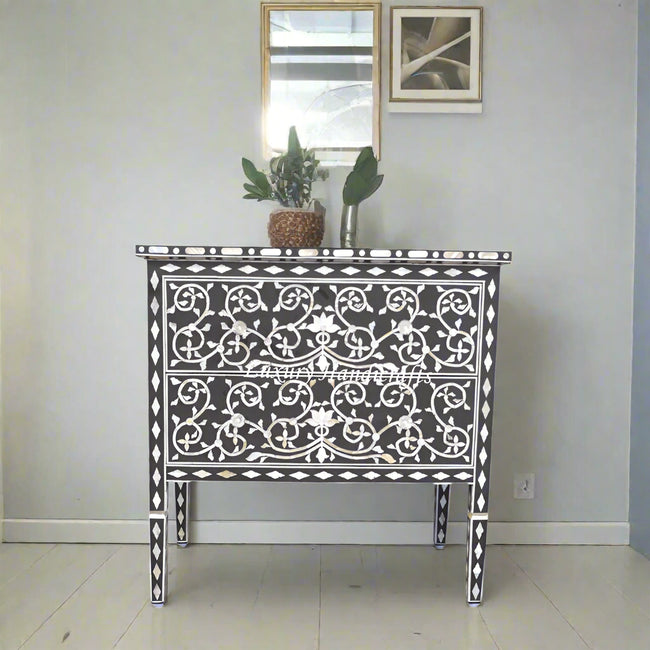 Black Mother Of Pearl Inlay Lotus 2 Drawer Chest