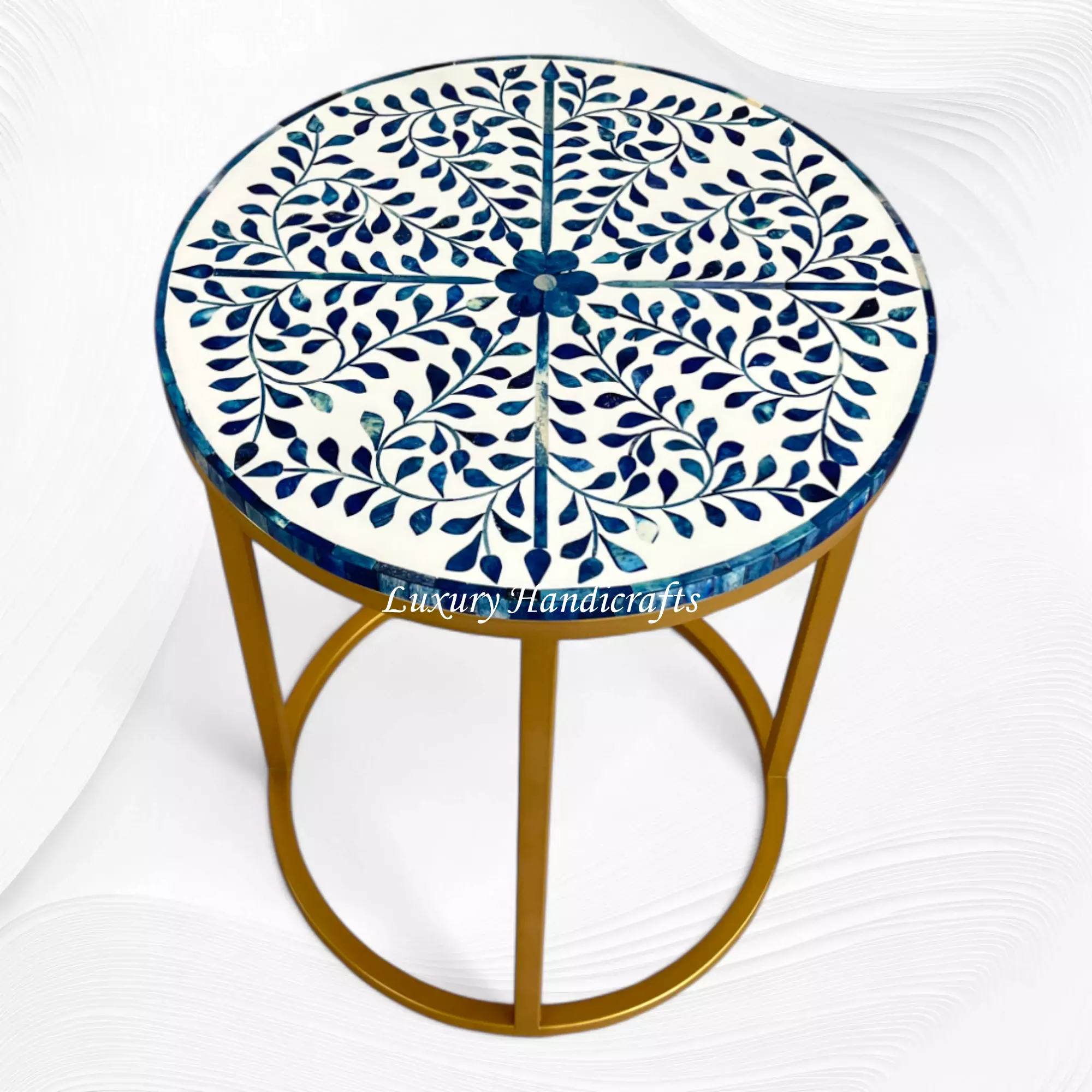 Round Bone Inlay Side Table Blue Ella Colored Style – Luxury Handicraft