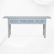 Console geometrica a 3 cassetti con intarsio in osso blu, bordi lunghi
