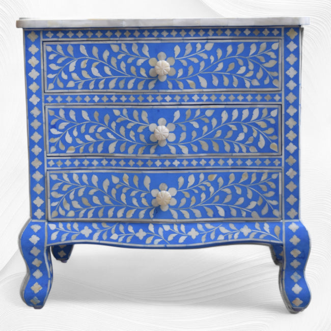 Bone Inlay Accent Chest Three Drawer Curved Leg Blue