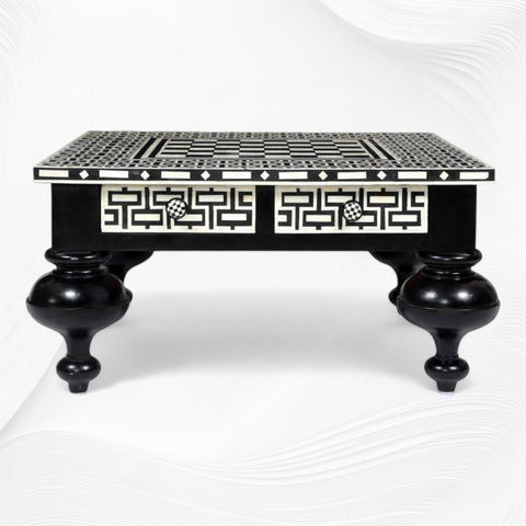 Table basse d'échecs avec incrustation d'os, noire
