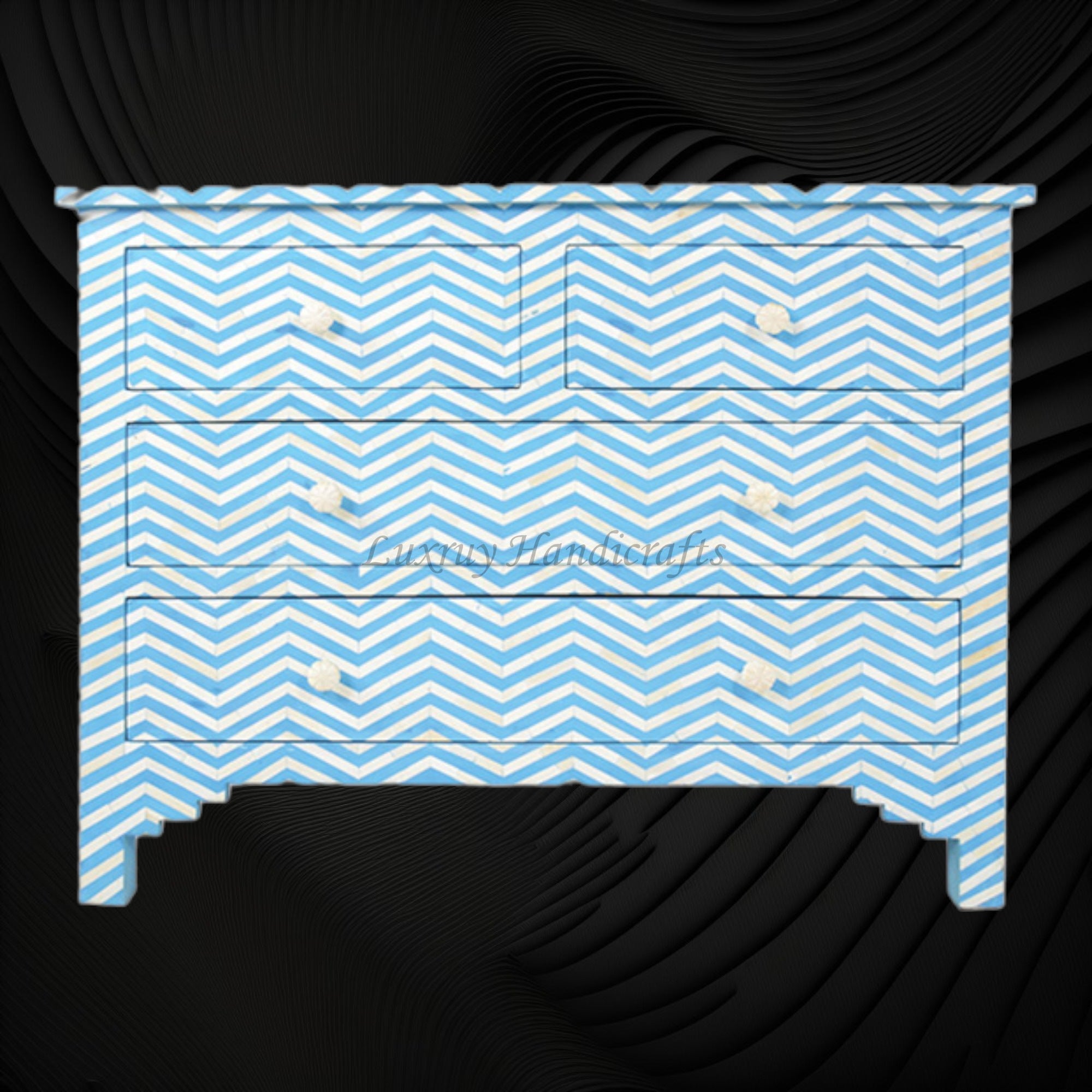 Bone Inlay Chest of Four Drawer Chevron Design Aqua