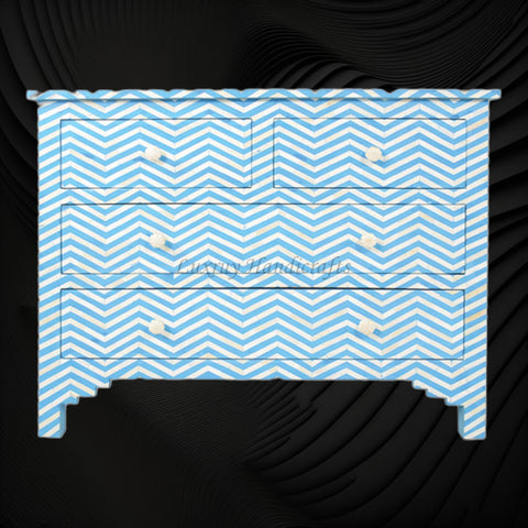 Bone Inlay Chest of Four Drawer Chevron Design Aqua