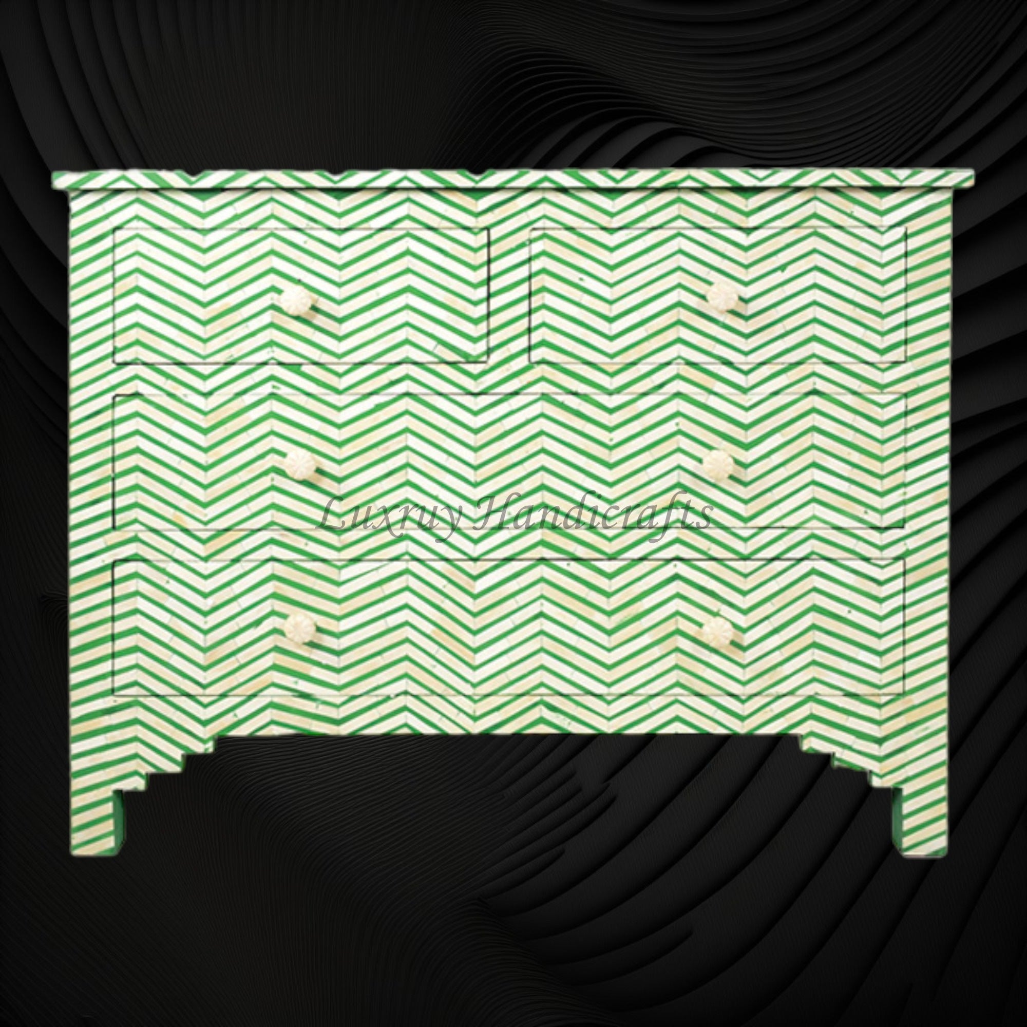 Bone Inlay Chest of Four Drawer Chevron Design Green