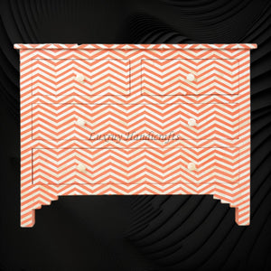 Bone Inlay Chest of Four Drawer Chevron Design Orange