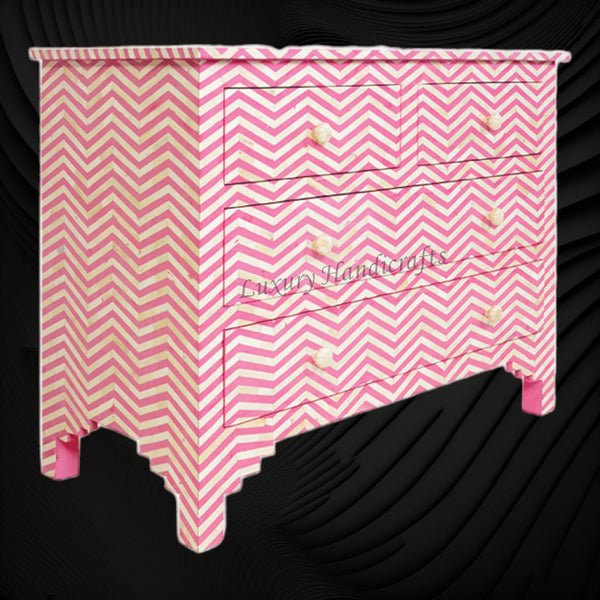 Bone Inlay Chest of Four Drawer Chevron Design Pink