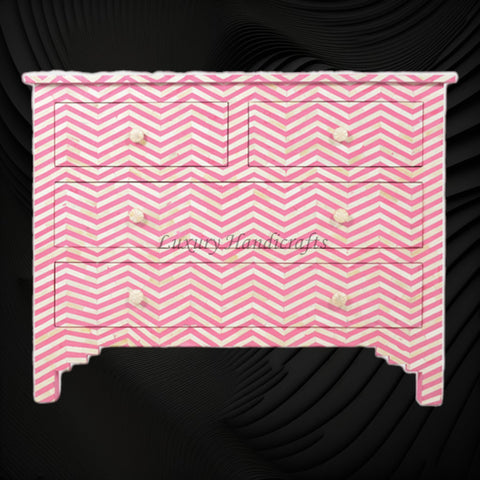 Bone Inlay Chest of Four Drawer Chevron Design Pink