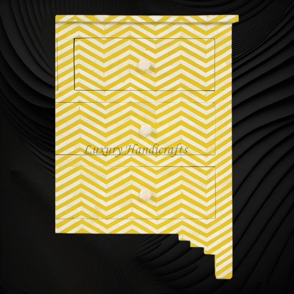 Bone Inlay Chest of Four Drawer Chevron Design Yellow