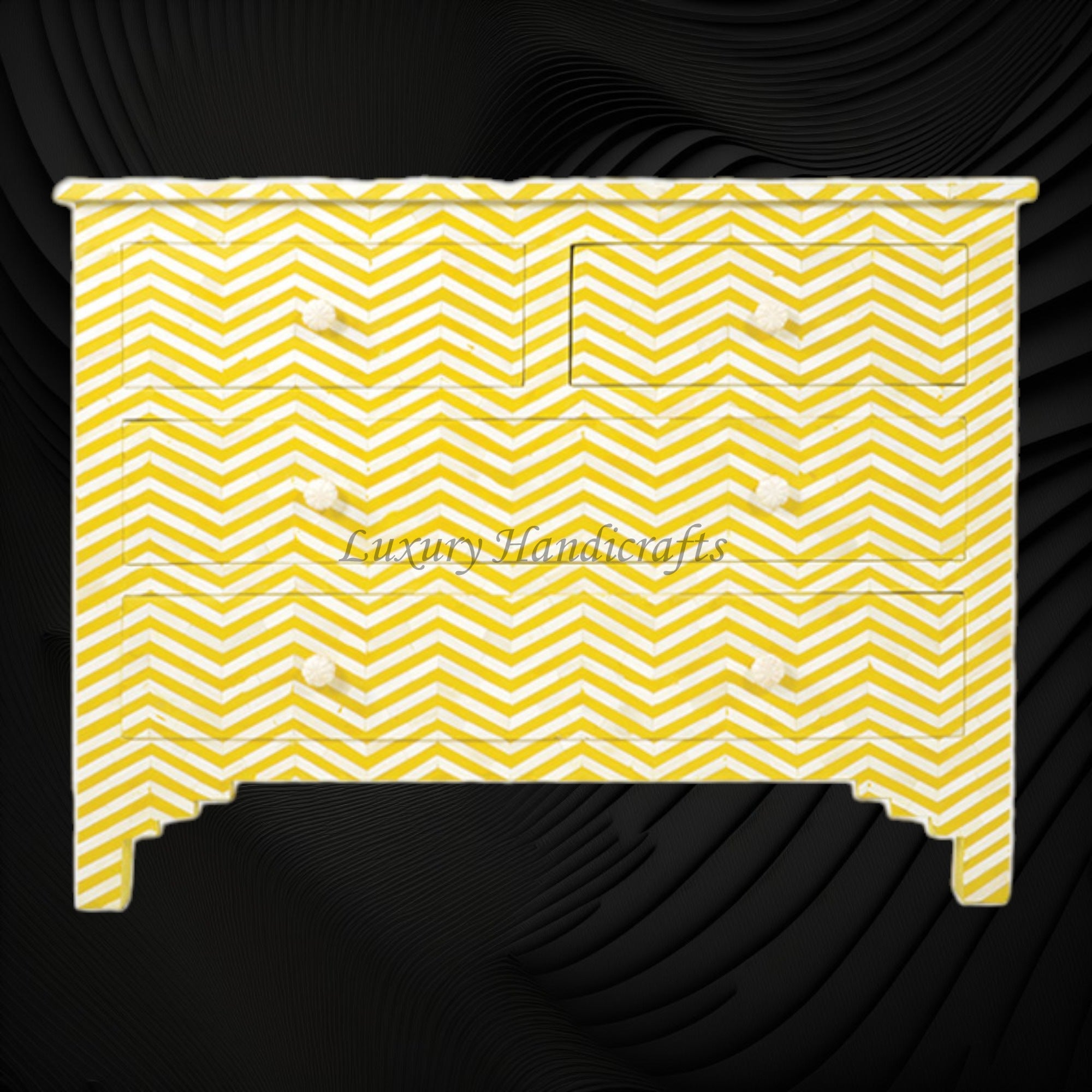 Bone Inlay Chest of Four Drawer Chevron Design Yellow