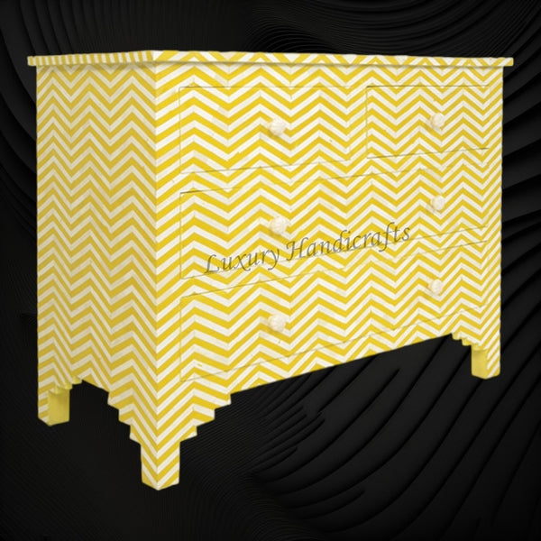 Bone Inlay Chest of Four Drawer Chevron Design Yellow