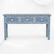 Consola floral de 3 cajones con incrustaciones de hueso, borde floral, azul oscuro
