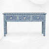 Consola floral de 3 cajones con incrustaciones de hueso, borde floral, azul oscuro