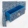 Consola floral de 3 cajones con incrustaciones de hueso, borde floral, azul oscuro
