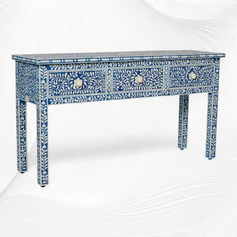 Consola floral de 3 cajones con incrustaciones de hueso, borde floral, azul oscuro