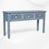 Consola floral de 3 cajones con incrustaciones de hueso, borde floral, azul oscuro