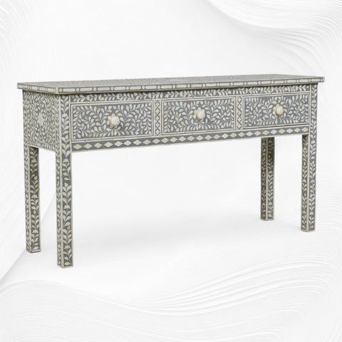 Consola floral de 3 cajones con incrustaciones de hueso, borde gris