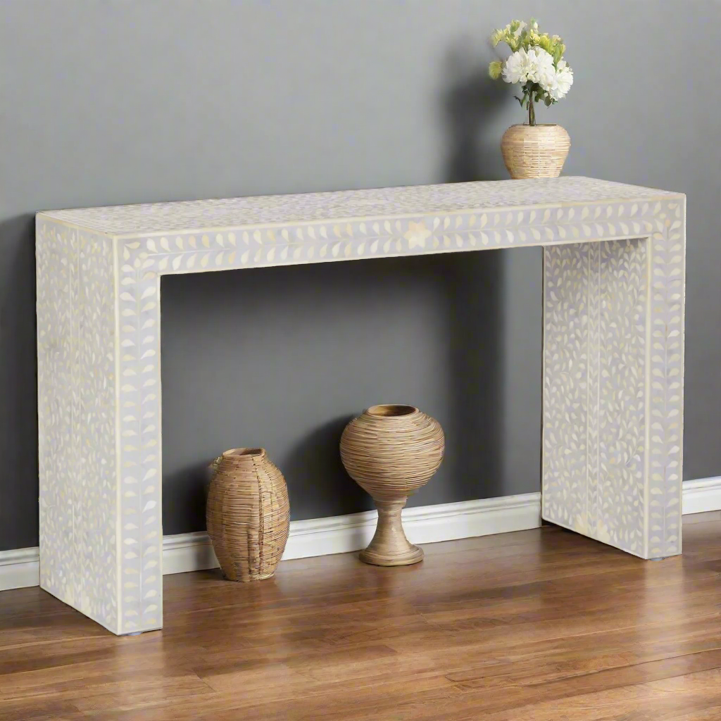 Bone Inlay Floral Console Table Grey – Luxury Handicraft
