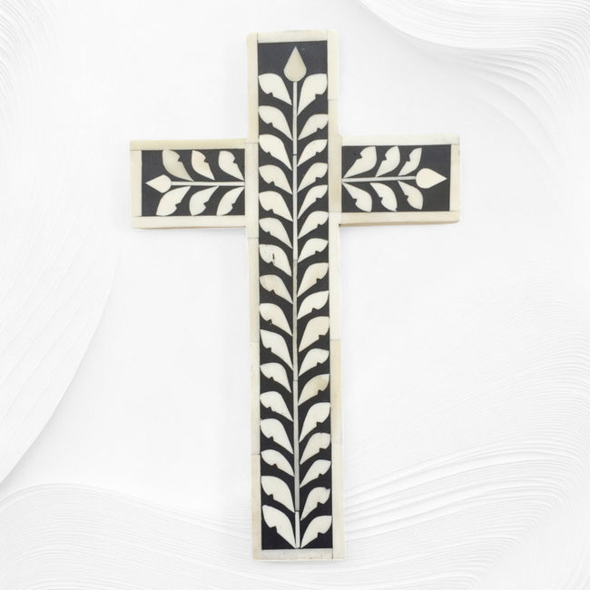 Bone Inlay Leaf Cross Black