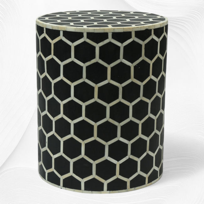 Sgabello rotondo con inserto in osso, design a nido d'ape, nero