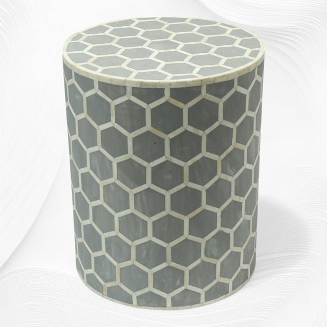 Sgabello rotondo con intarsio in osso, design a nido d'ape, grigio