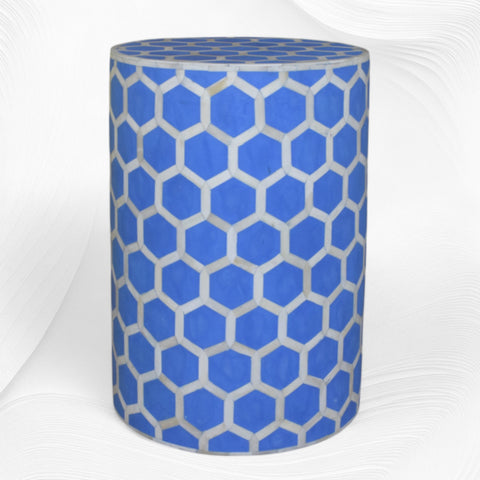 Bone Inlay Round Stool Honeycomb Design Light Blue