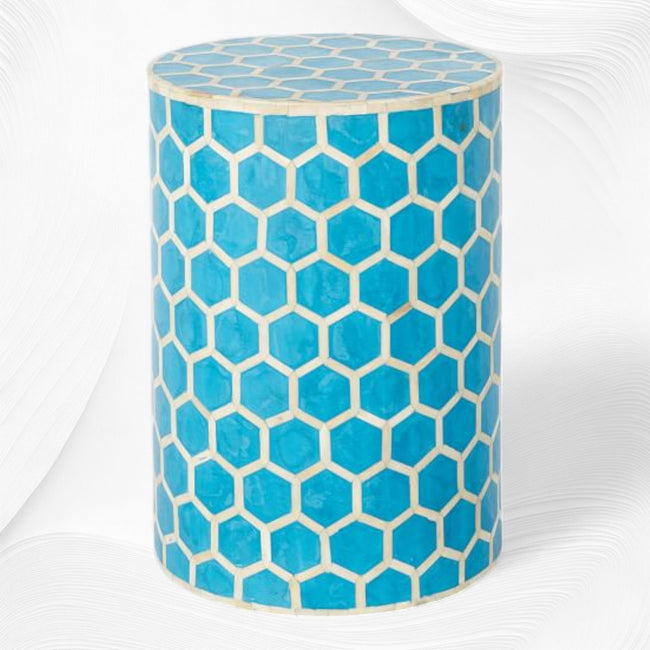 Sgabello rotondo con intarsio in osso, design a nido d'ape, turchese