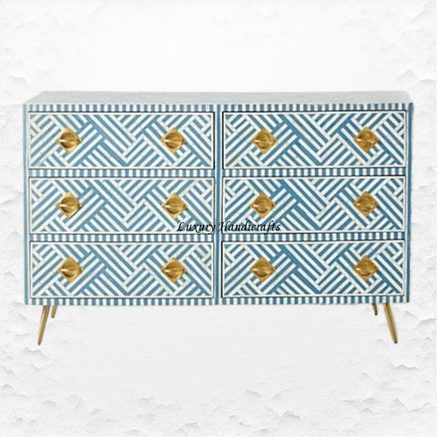 Bone Inlay Optical Chest 6 Drawers Blue 1