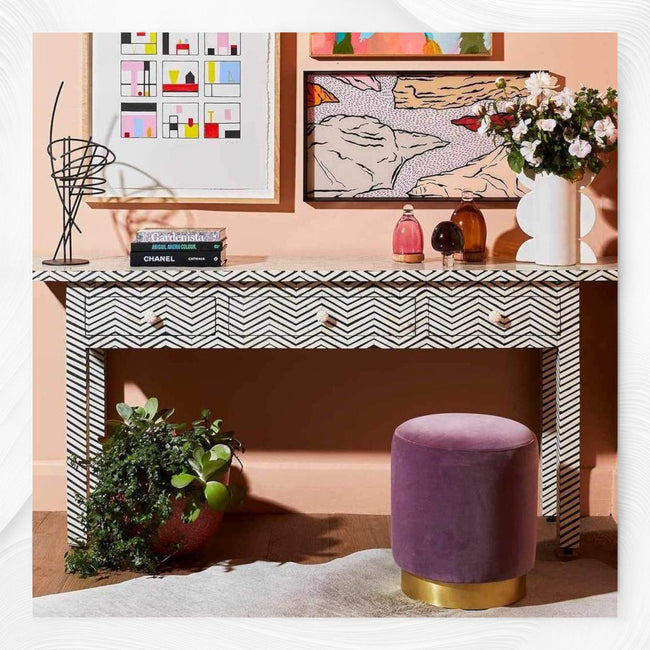 Console con 3 cassetti Bone Inlay, design Chevron, colore nero