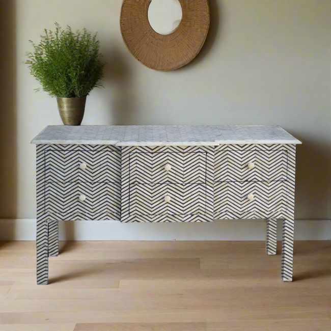 Console con 6 cassetti Bone Inlay, design Chevron, colore nero