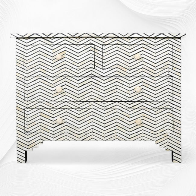 Cassettiera a quattro cassetti con intarsio in osso - design Chevron nero