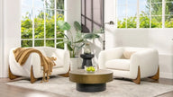 Cocoon Boucle Wooden Base Armchair in a sunny room