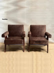 Compass V-Leg Upholstered Wooden Armchair pair in brown upholstery