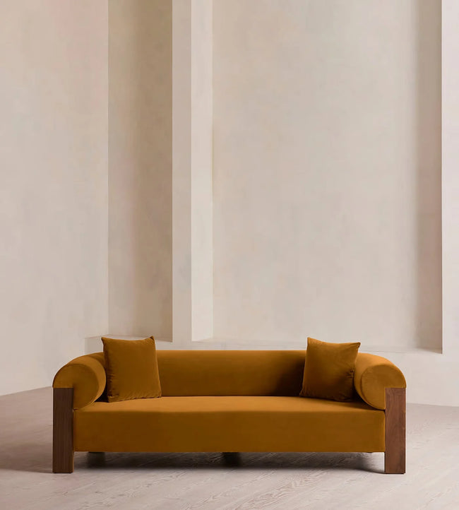Elm Velvet Three Seater Wooden Sofa in ochre velvet