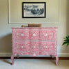 Cassettiera con 2 cassetti curvi con intarsio in madreperla, design floreale rosa