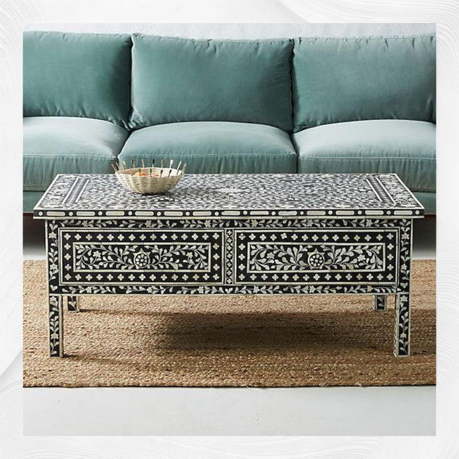 Couchtisch mit floraler Knocheneinlage, 2 Schubladen, Schwarz