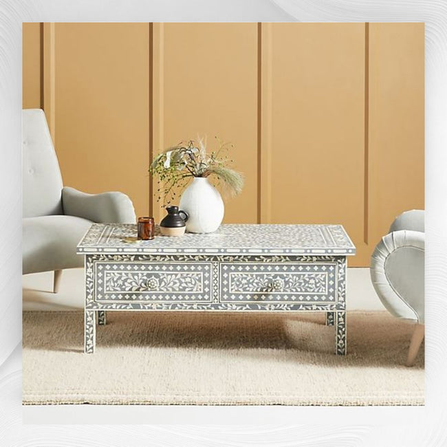 Mesa de centro con 2 cajones y incrustaciones de hueso floral, gris