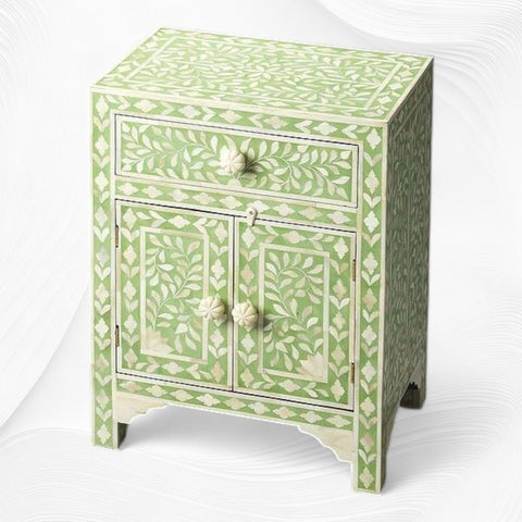 Table de chevet à deux portes avec incrustation d'os et motif floral, vert