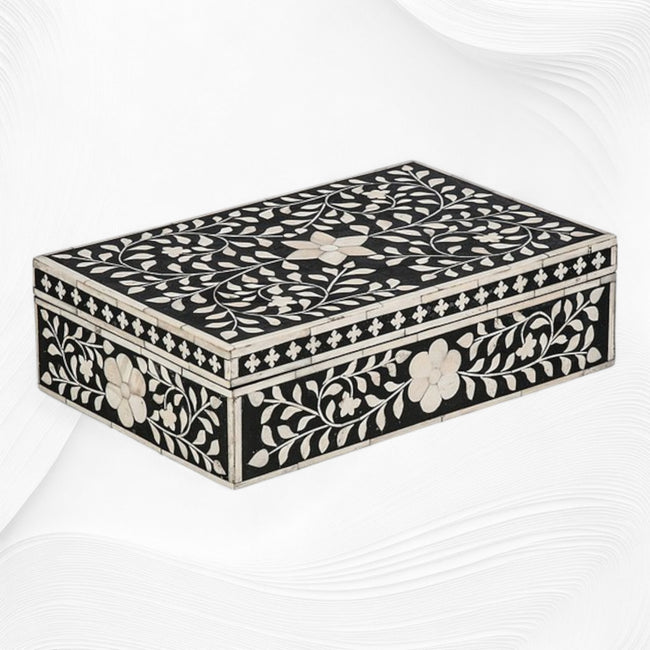 Boîte à incrustations d'os motif floral noir