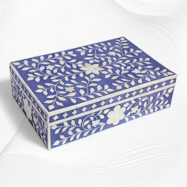 Boîte à incrustations d'os motif floral indigo clair