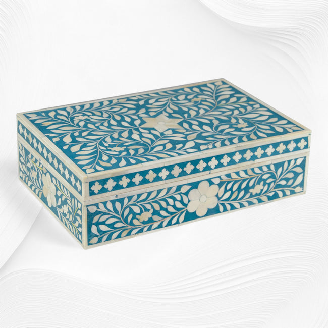 Boîte à incrustations d'os motif floral turquoise