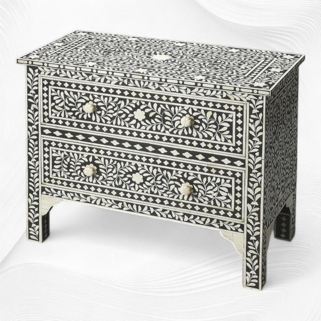 Floral Bone Inlay Chest Of Two Drawers Black