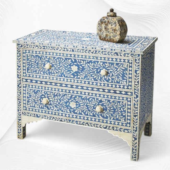 Bone Inlay Floral Chest Of Two Drawer Blue