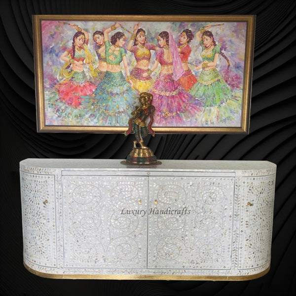 Floral MOP Inlay Bar Cabinet White