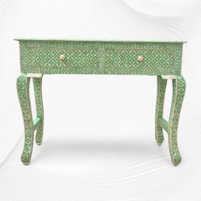 Consolle geometrica a 2 cassetti con intarsio osseo verde