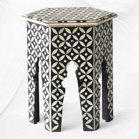 Sechseckiger Tisch mit Knocheneinlage, geometrisches Design, Schwarz