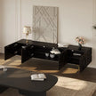 Glyph Carved Front Wooden Media Console in a living room setting