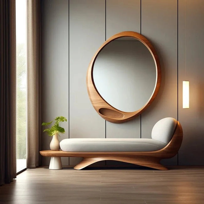 Halo Organic Natural Solid Wood Mirror above an upholstered bench
