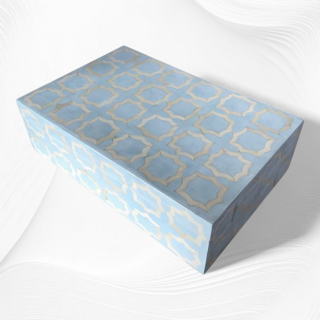 Boîte d'incrustation d'os à motif marocain bleu glace