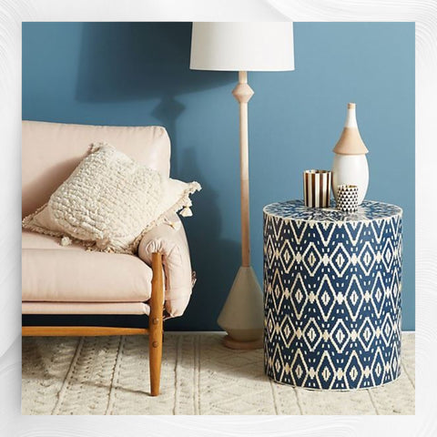 Ikat Bone Inlay Side Table Indigo